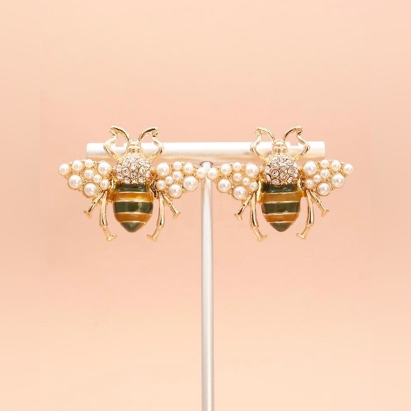 1 Pair Vintage Bee Shaped Earrings With Rhinestone And Faux Pearl, Zinc Alloy - Picture 3 of 4